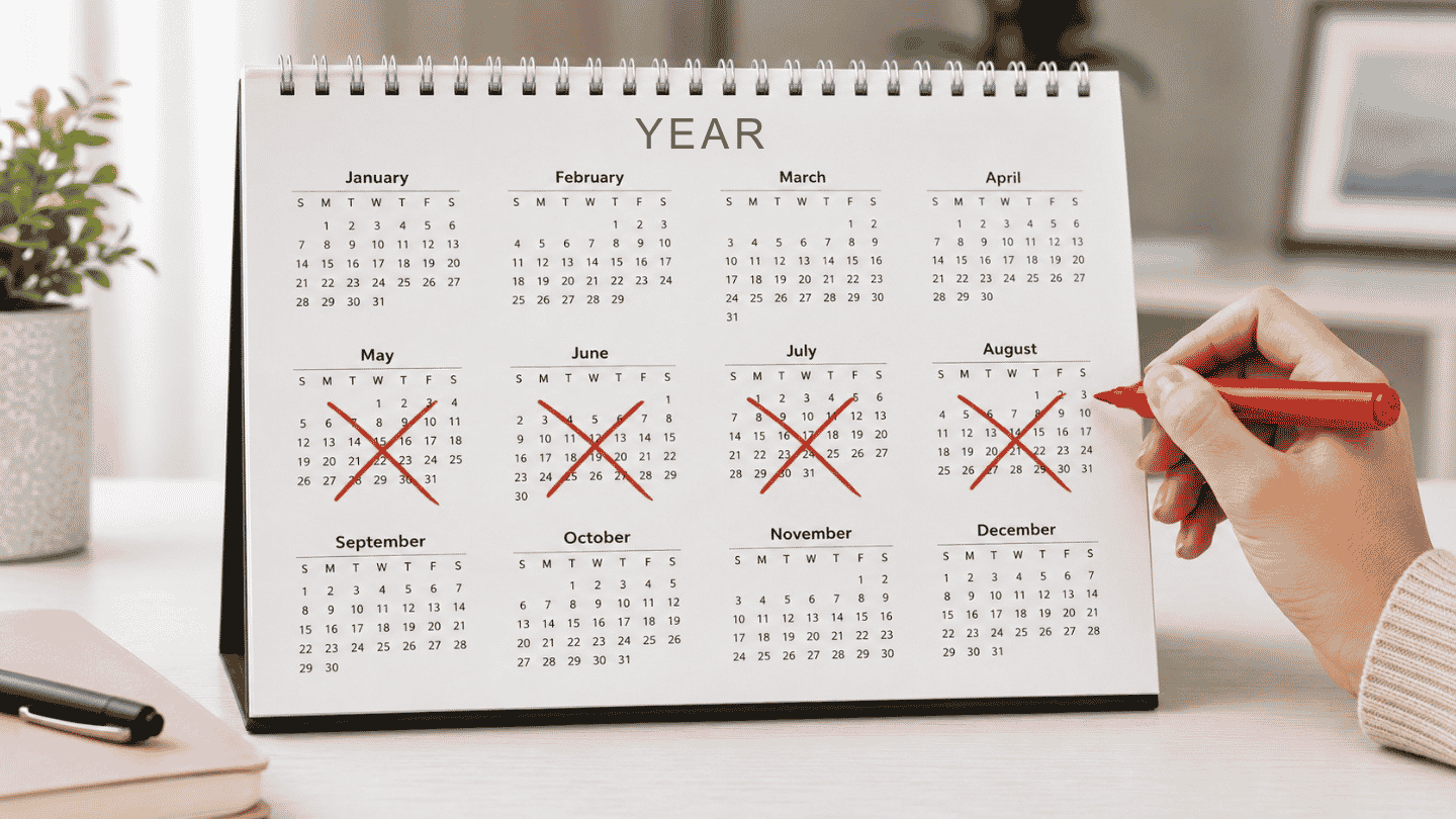 yearly calendar with four months crossed out to show missed periods