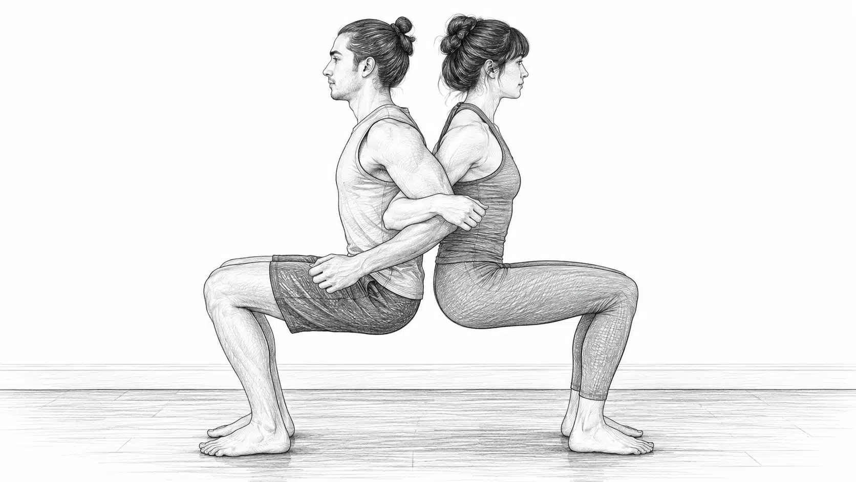 Pencil sketch of a man and woman performing a back-to-back partner chair pose, sitting in a squat with linked arms and backs pressed together.