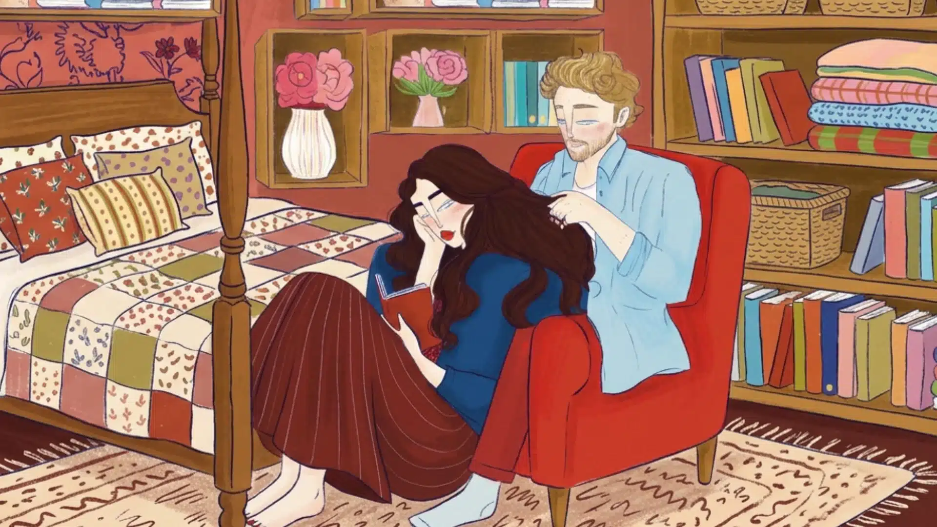 Illustrated couple reading together in red armchair surrounded by books and warm decor