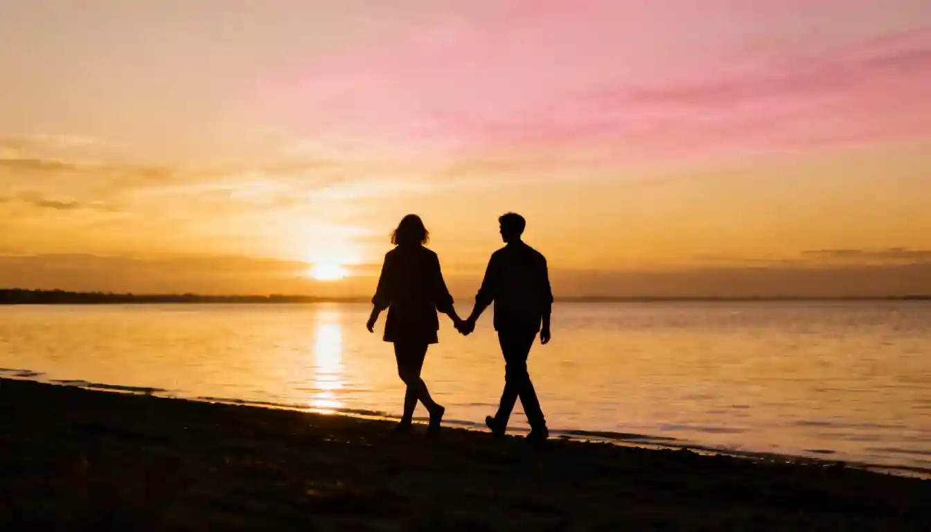 Silhouettes of a couple holding hands walk along a beach at sunset with a vibrant orange and pink sky reflecting on the water.