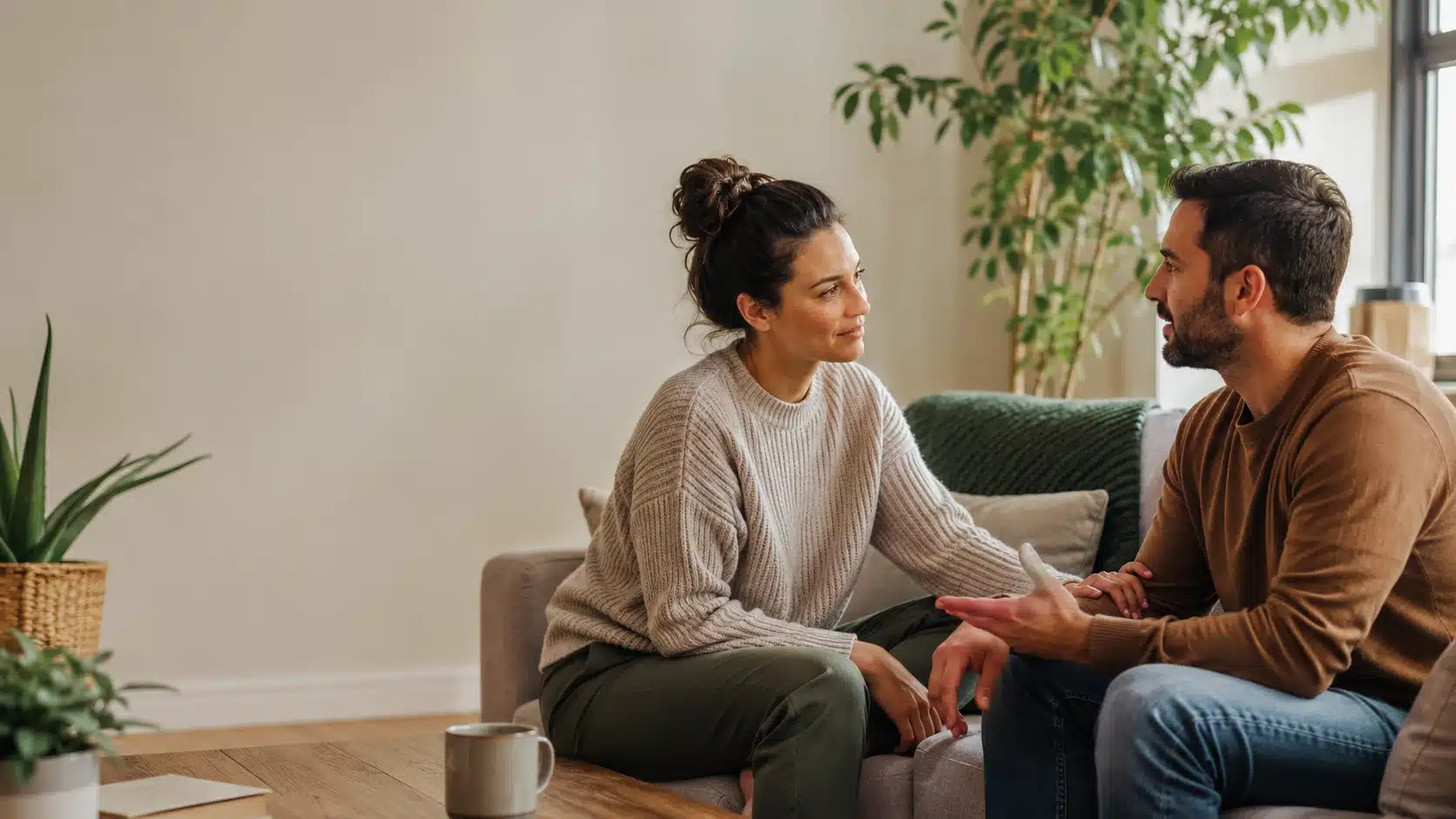 couple sits together in a cozy living room, sharing a calm, honest conversation with daylight and caring body language