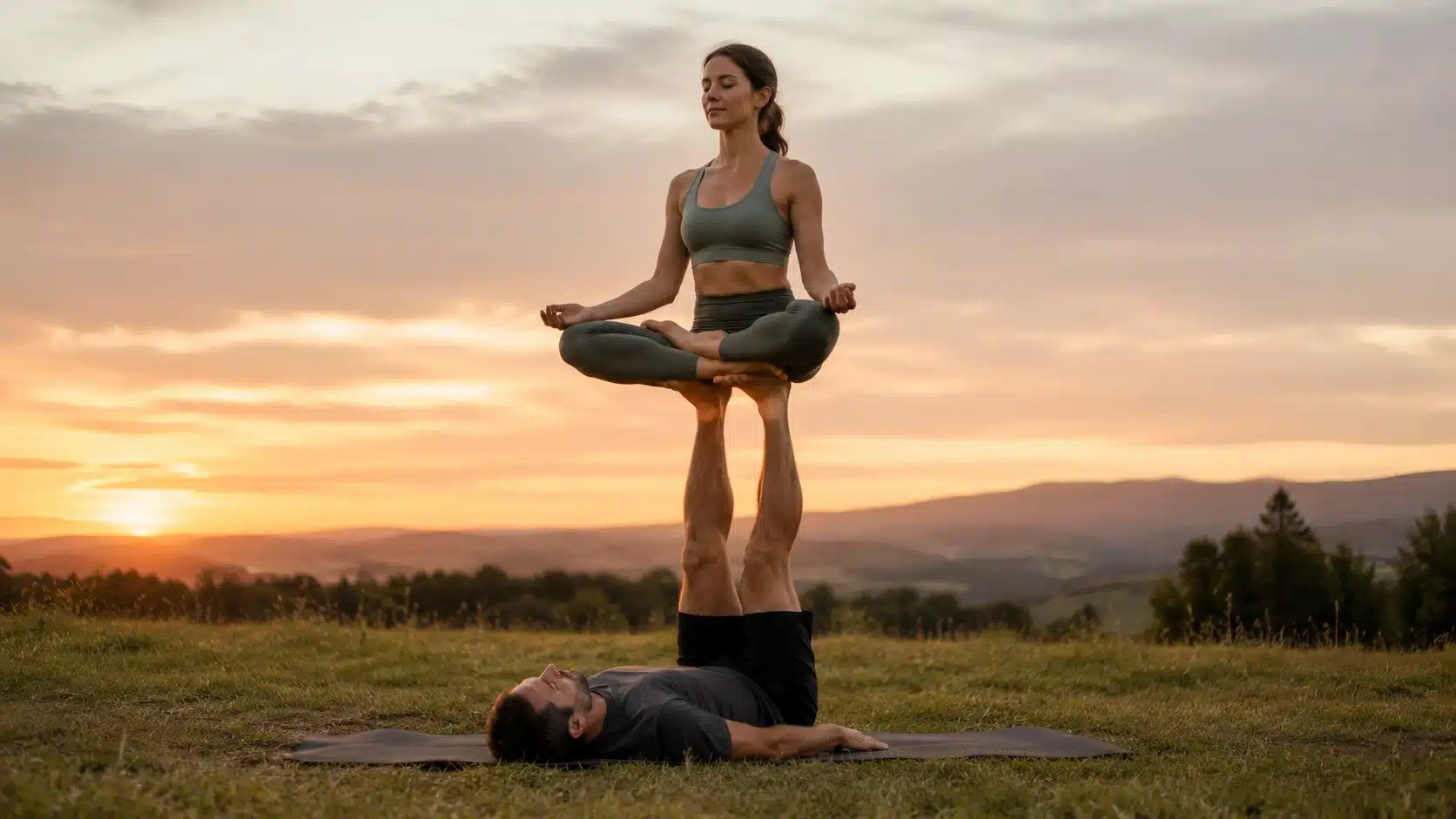 Couple practicing acro yoga in a grassy field at sunset, with the man lying on a mat balancing the woman in lotus position on his feet.
