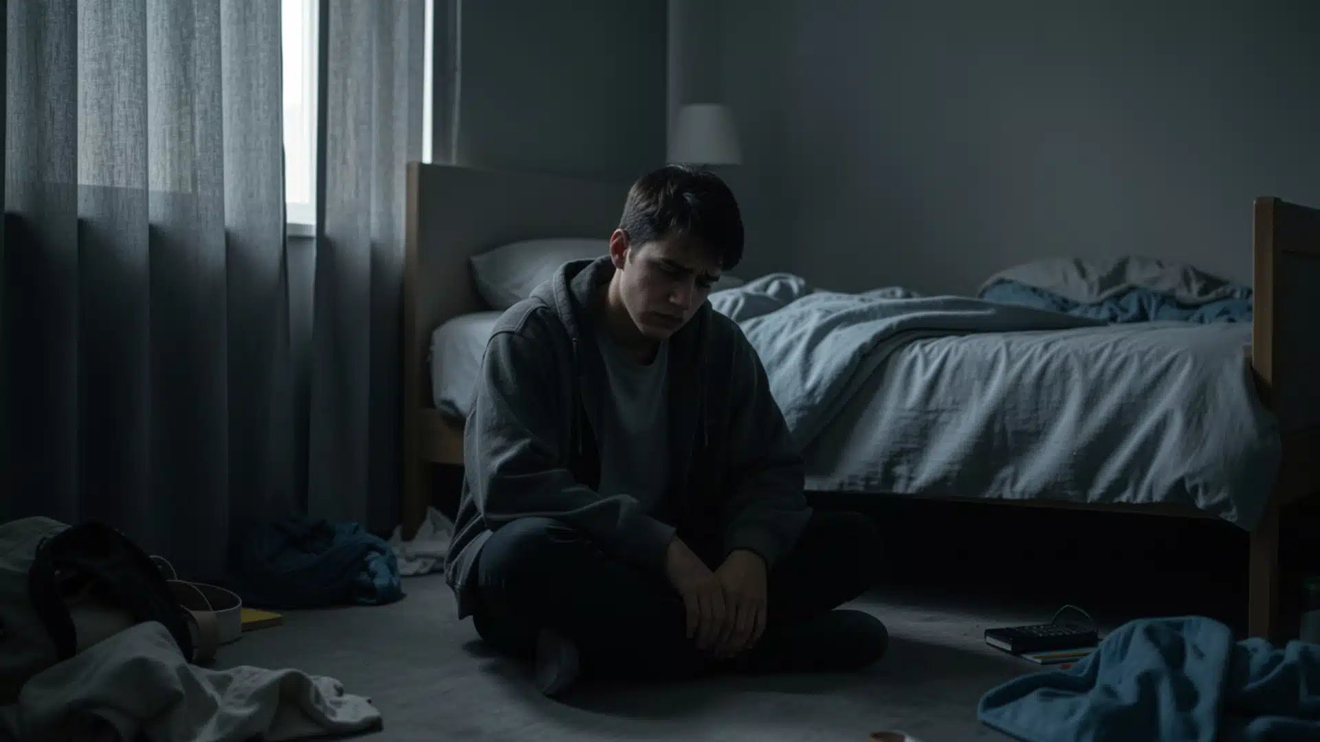 A distressed young man sits on the floor of a dimly lit bedroom next to an unmade bed