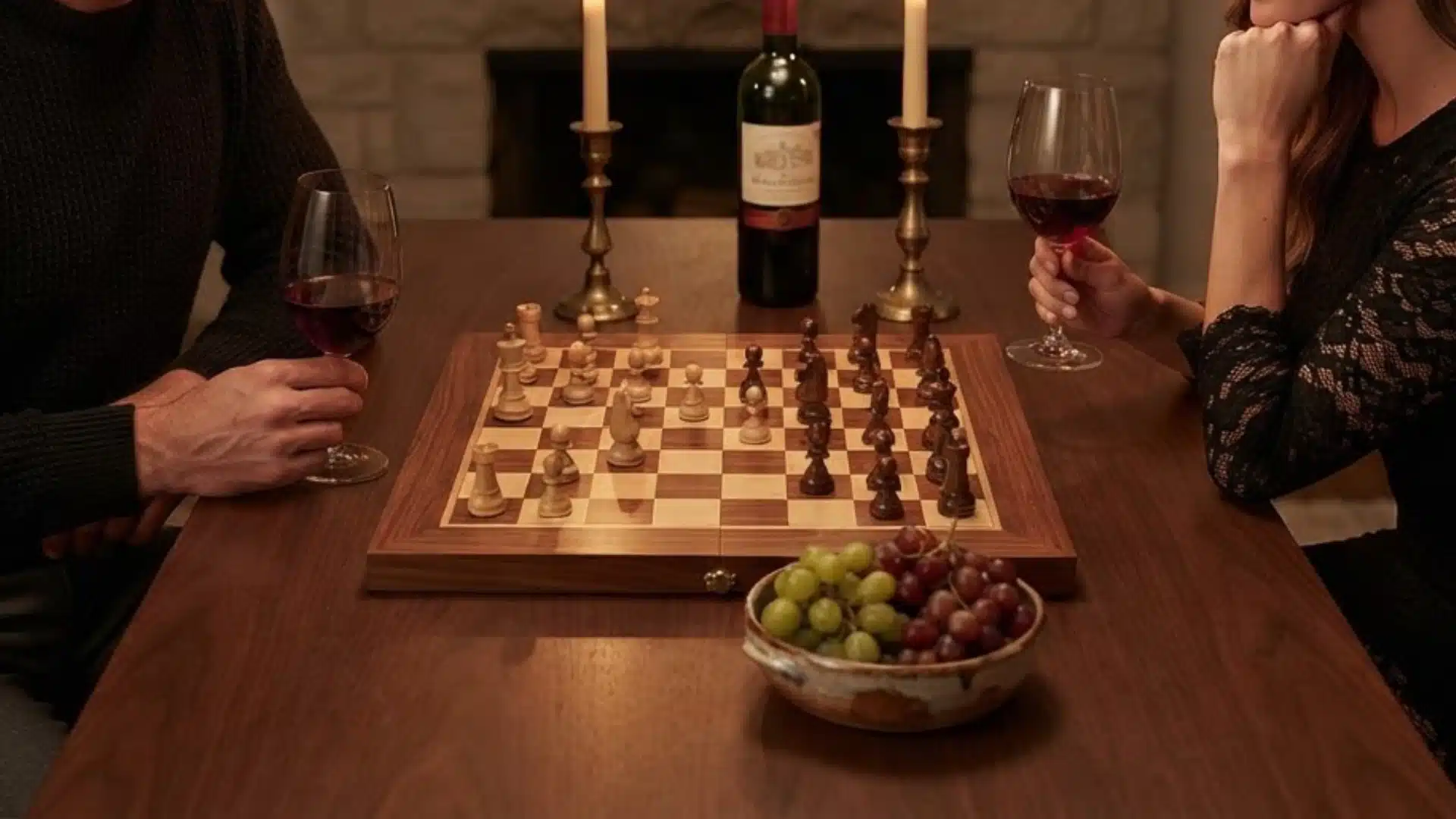 A couple engaged in a chess game at a table, with glasses of wine beside them, enjoying a cozy evening together.