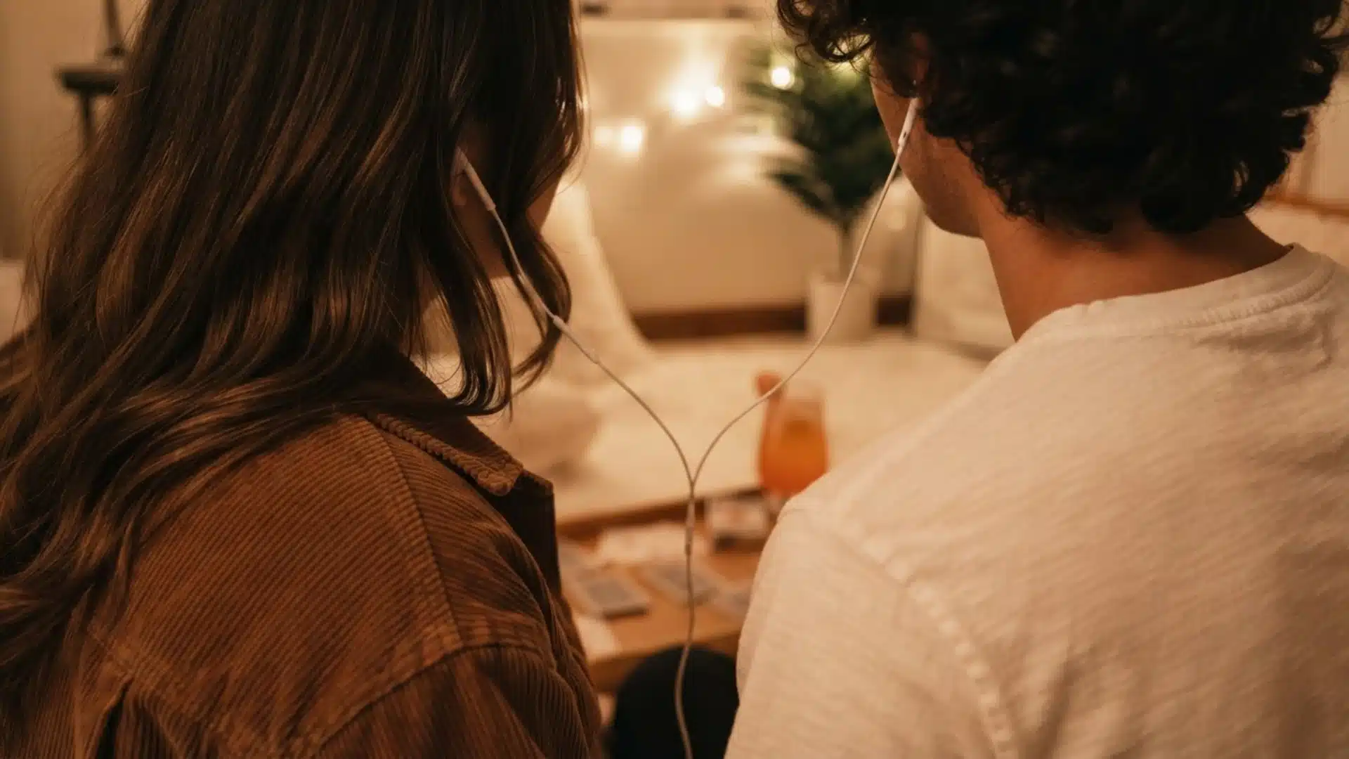 A man and woman sit close together, enjoying music through headphones, sharing a moment of connection and relaxation.
