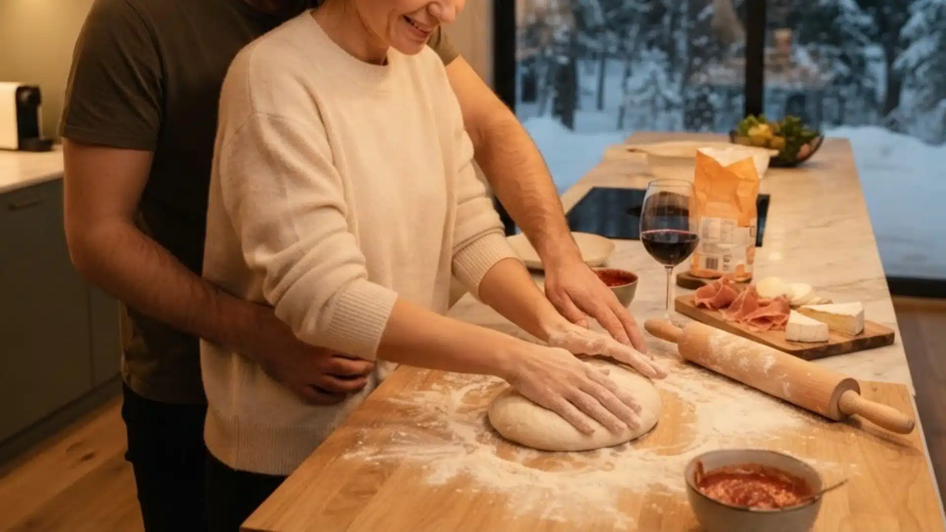 A couple prepares pizza dough together in a warm kitchen, with wine, sauce, cheese, and snowy woods outside.
