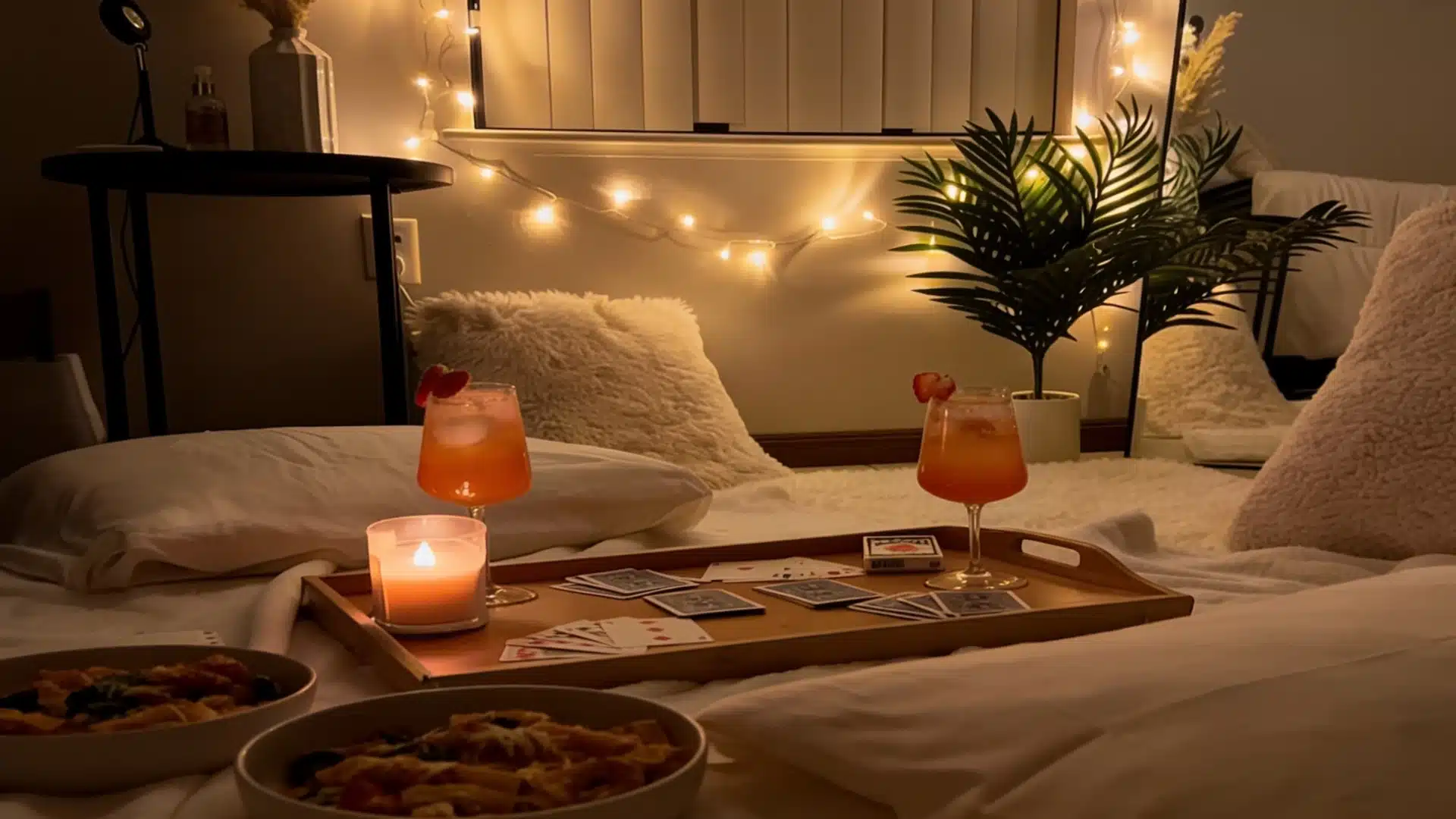A neatly made bed adorned with two wine glasses and a food tray, suggesting a relaxing and intimate dining experience.