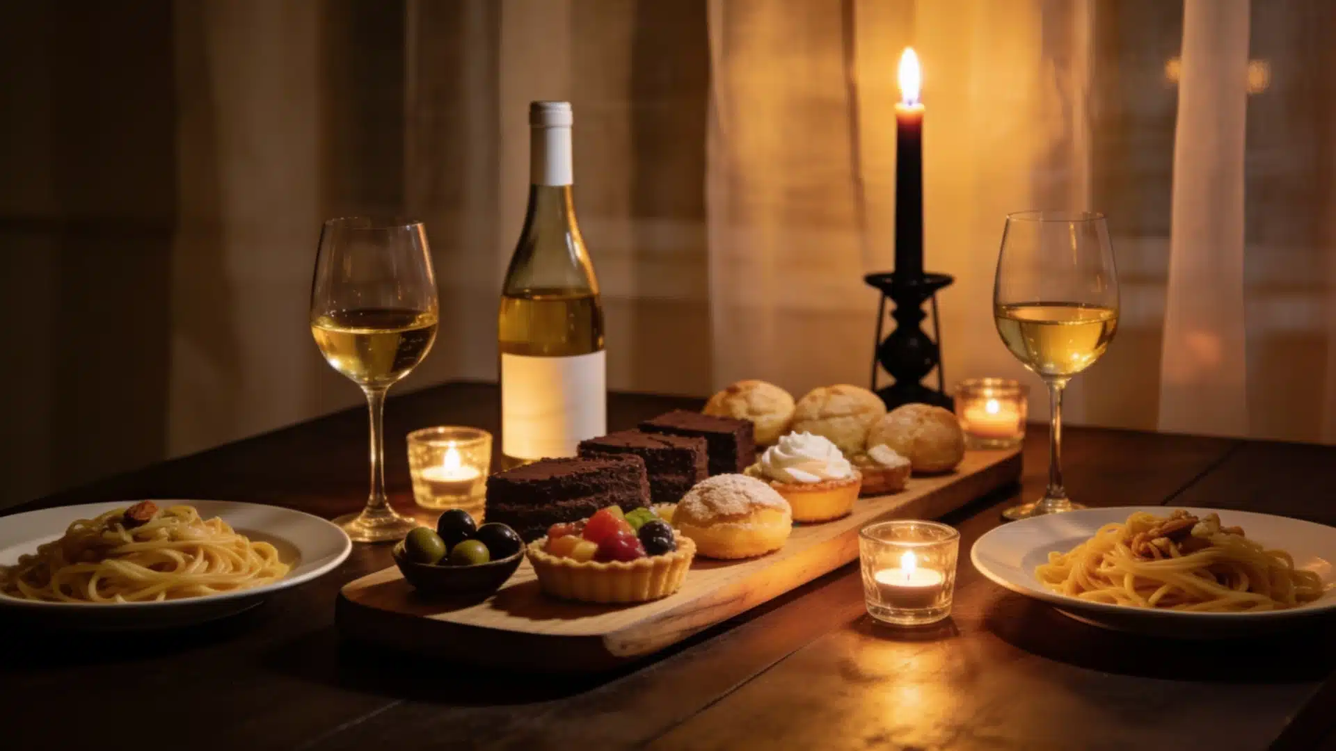 A beautifully set table featuring an array of food dishes and a bottle of wine, ready for a gathering.