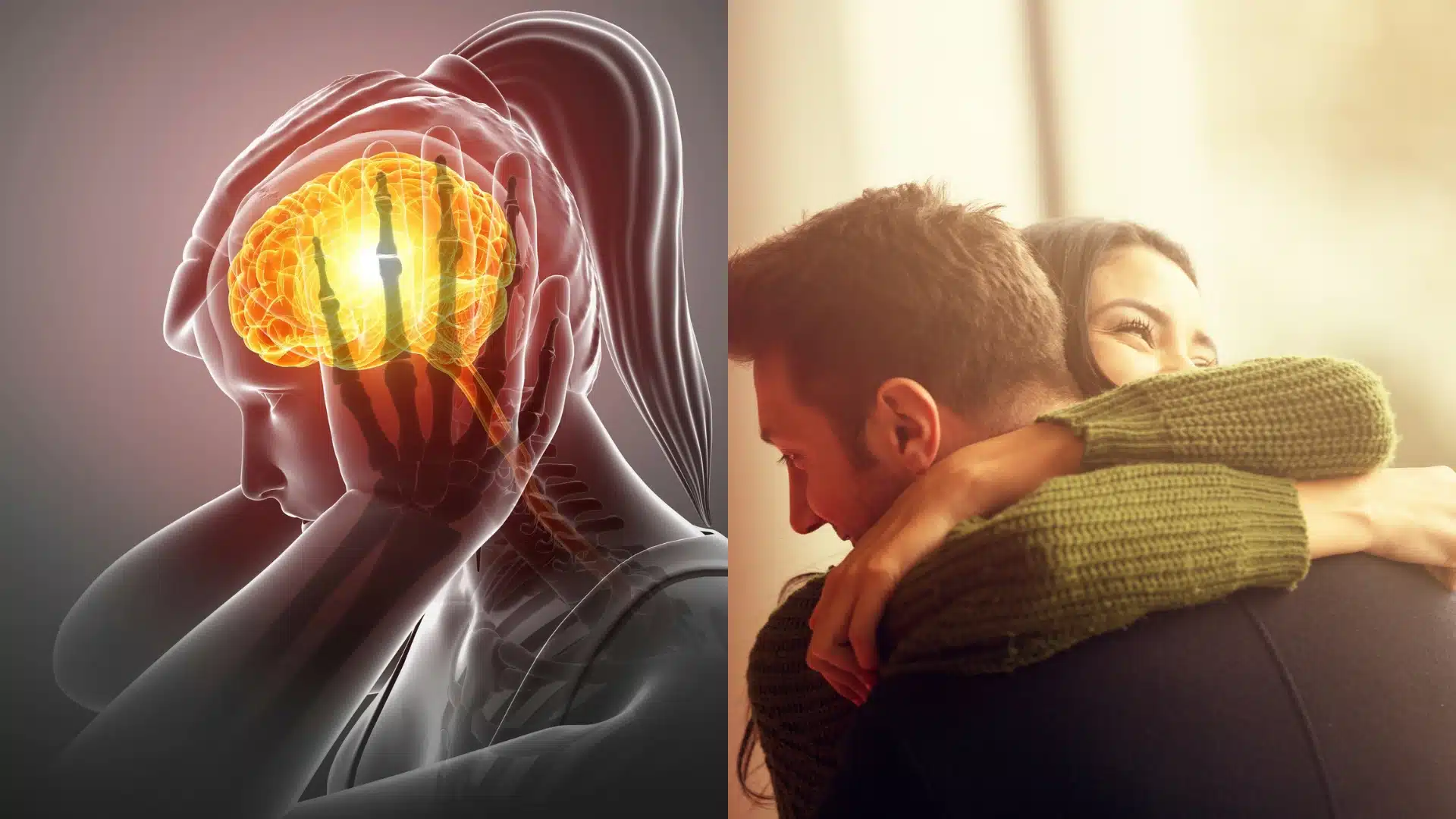Human brain with red pain zones and X-ray hand overlay next to a happy hugging couple