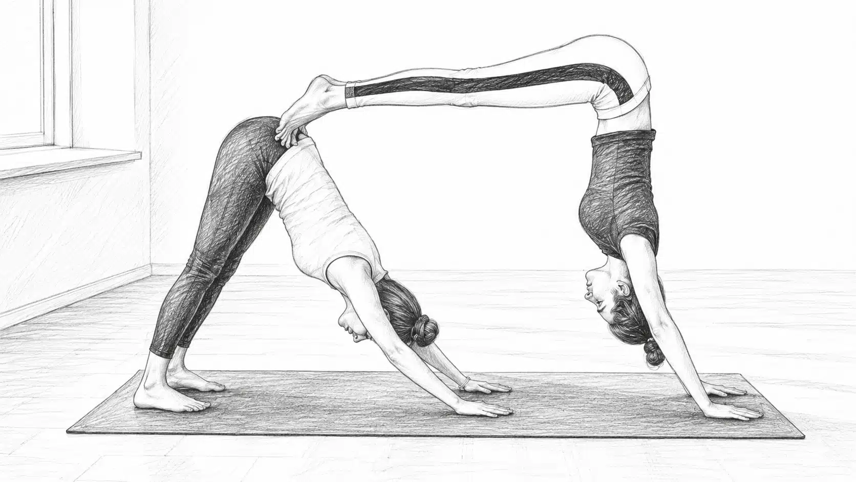 Pencil drawing of two women performing a partner yoga pose, with one supporting the other upside down.