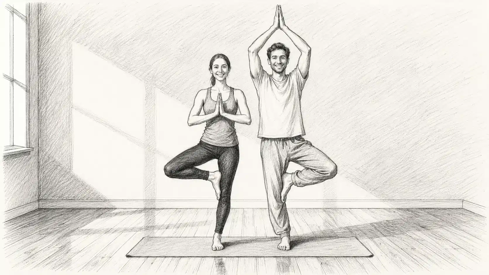 Pencil sketch of a man and woman standing side by side in tree pose on a yoga mat, balancing on one leg with hands pressed together above their heads.