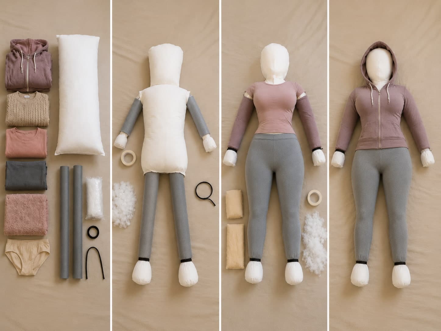 female mannequin tutorial showing materials, pillow body assembly, clothing layers, padding, and a finished mannequin