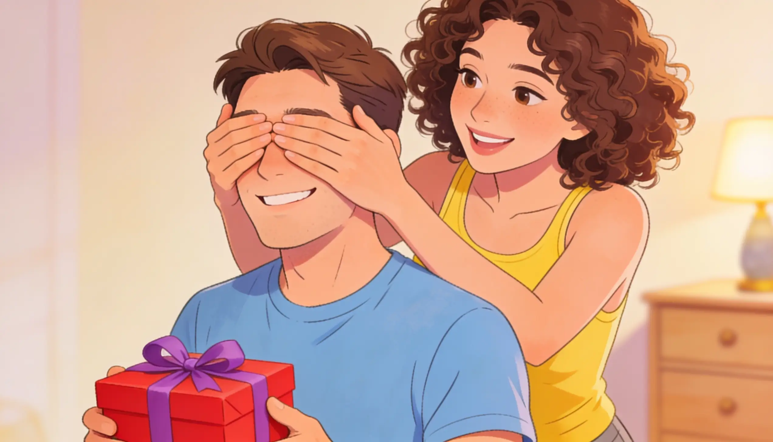 Illustrated woman surprises a smiling man by covering his eyes as he holds a red gift box tied with a purple ribbon.