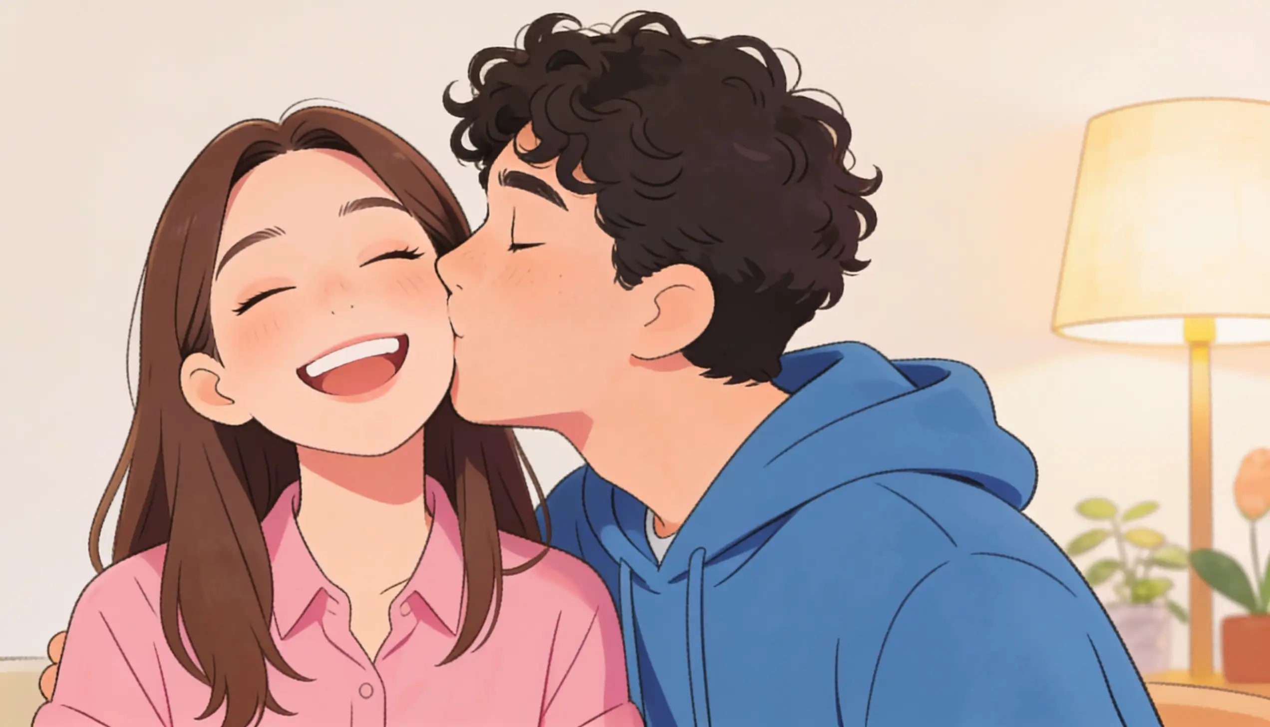 Smiling illustrated couple sharing a cheek kiss indoors, with the man in a blue hoodie and the woman in a pink shirt.