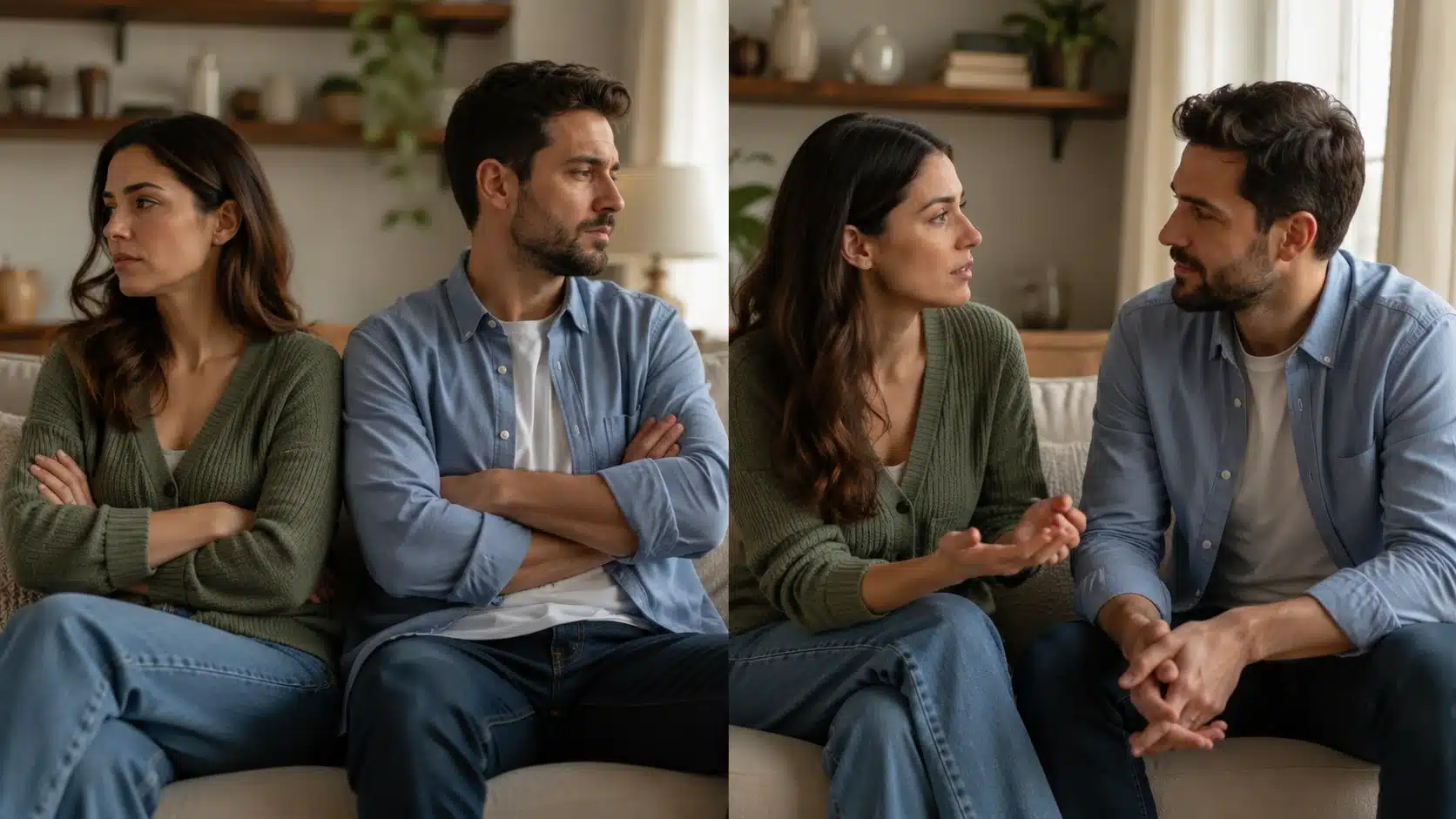 living room scene shows a couple tense and turned away, then talking and reconnecting on the other side indoors together