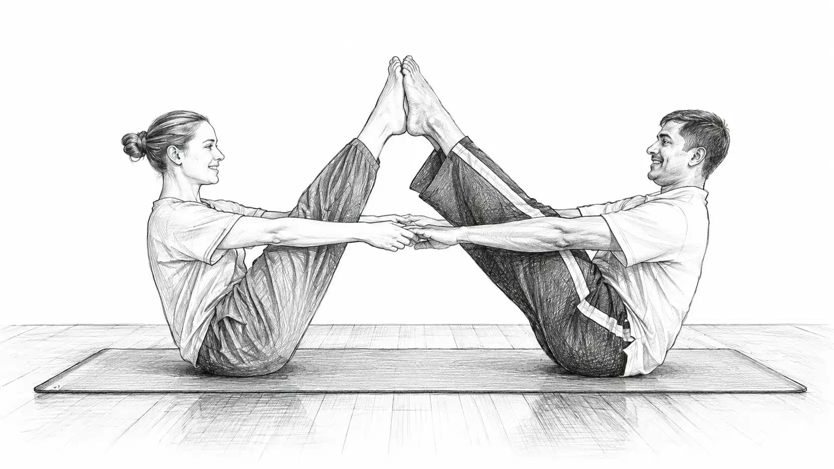 Pencil sketch of a man and woman doing partner boat pose, holding hands and balancing with soles of their feet touching to form an A-shape on a yoga mat.