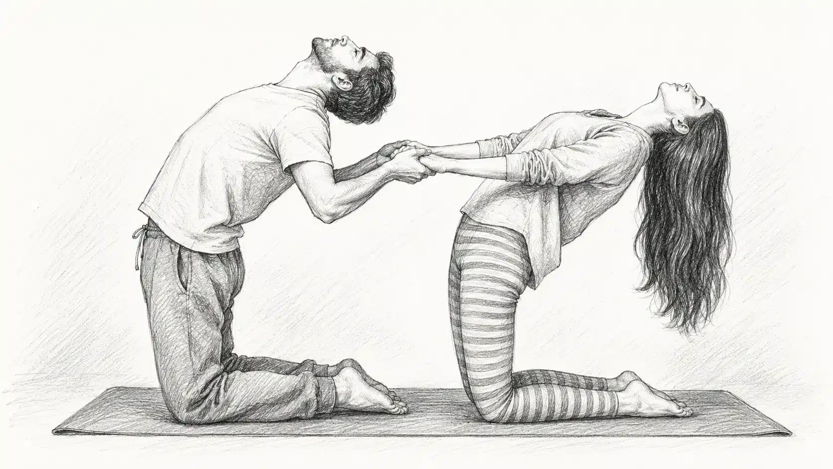 Couple kneeling on a yoga mat while holding hands and leaning back in a partner yoga pose.