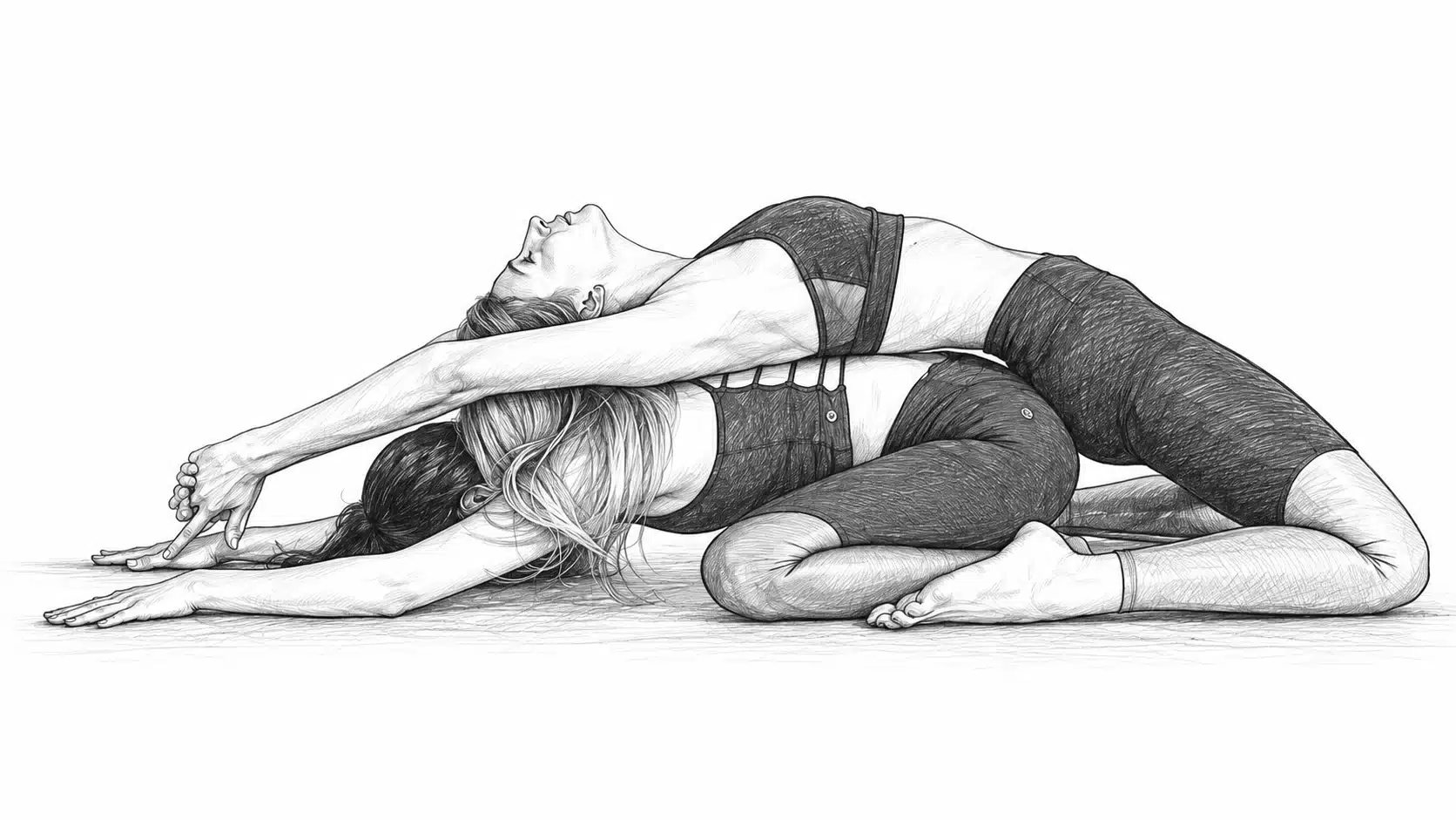 Two women in athletic wear perform a yoga pose with one person's back arched over the other's body.
