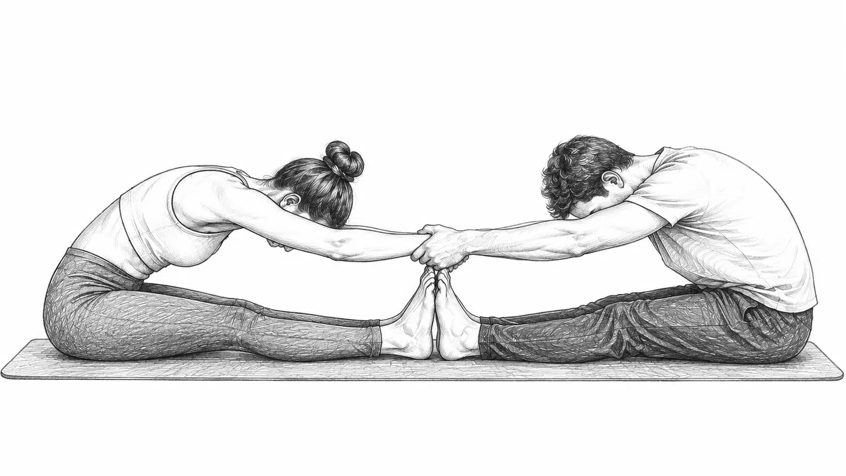 A man and woman perform partner yoga, seated and reaching to hold hands while stretching forward.