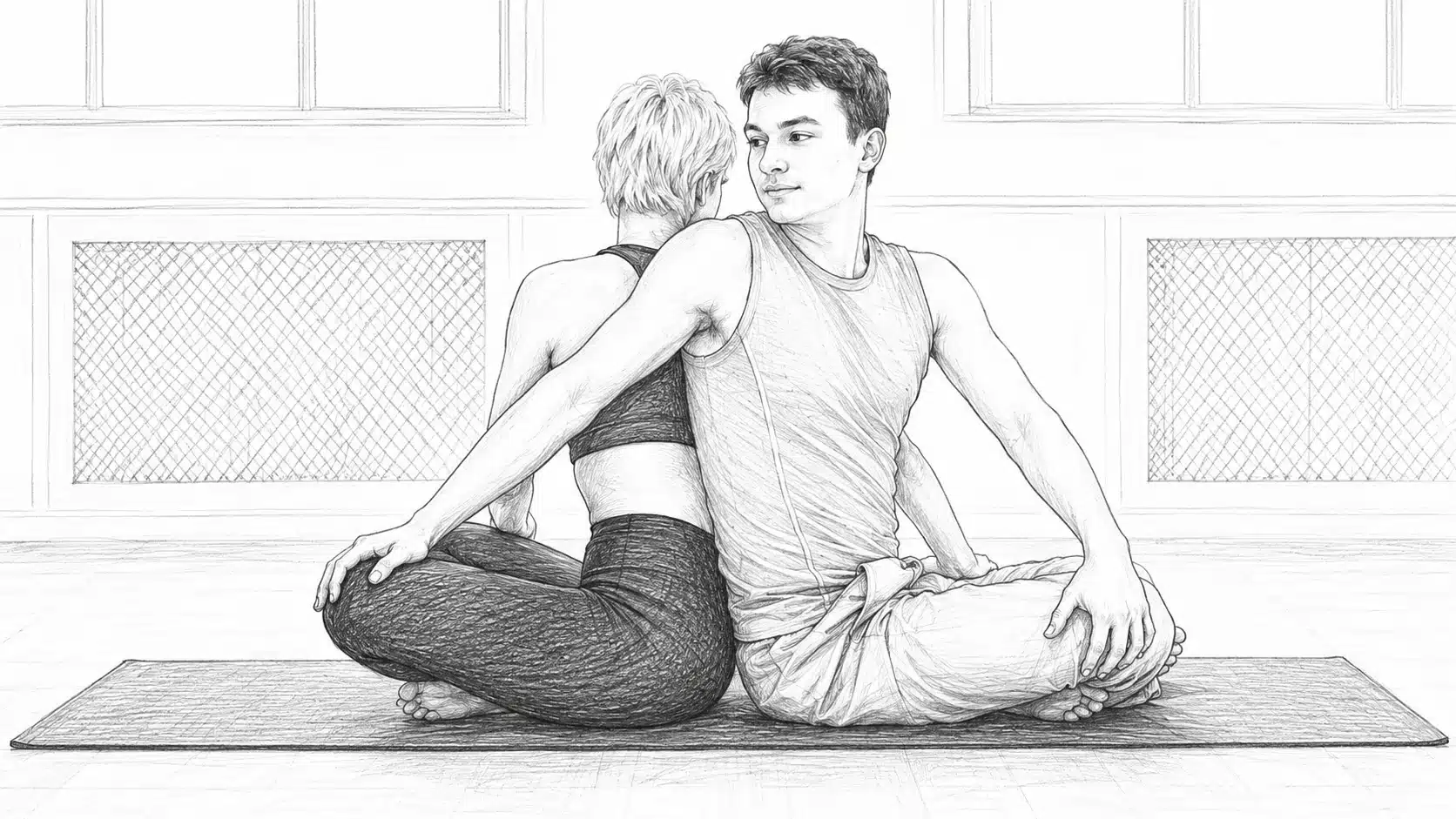 A line drawing shows a man and a woman sitting back-to-back on a yoga mat, performing a seated twist.