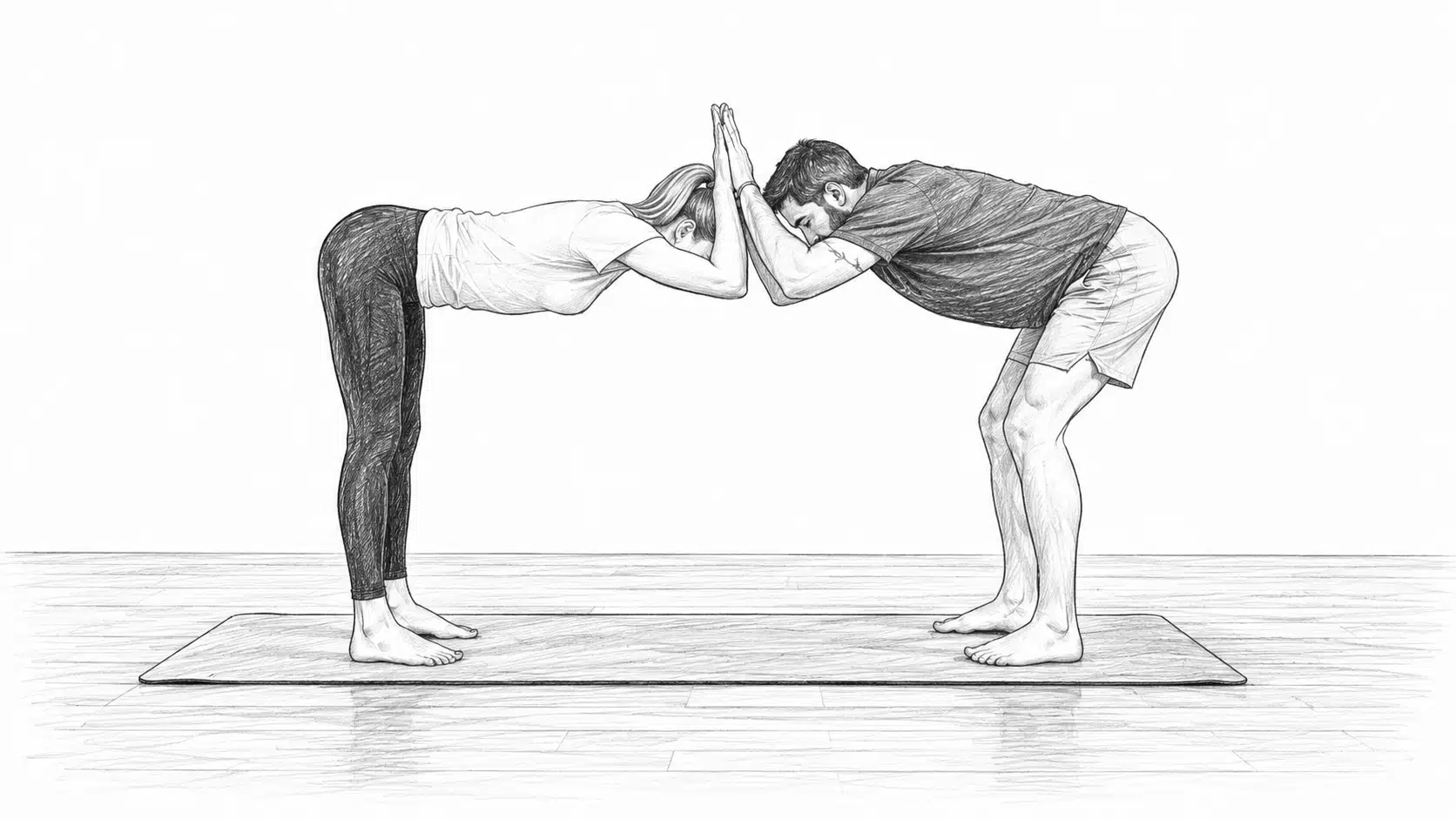 Pencil sketch of a man and woman standing on a yoga mat, bending forward to touch foreheads and press palms together in partner temple pose.