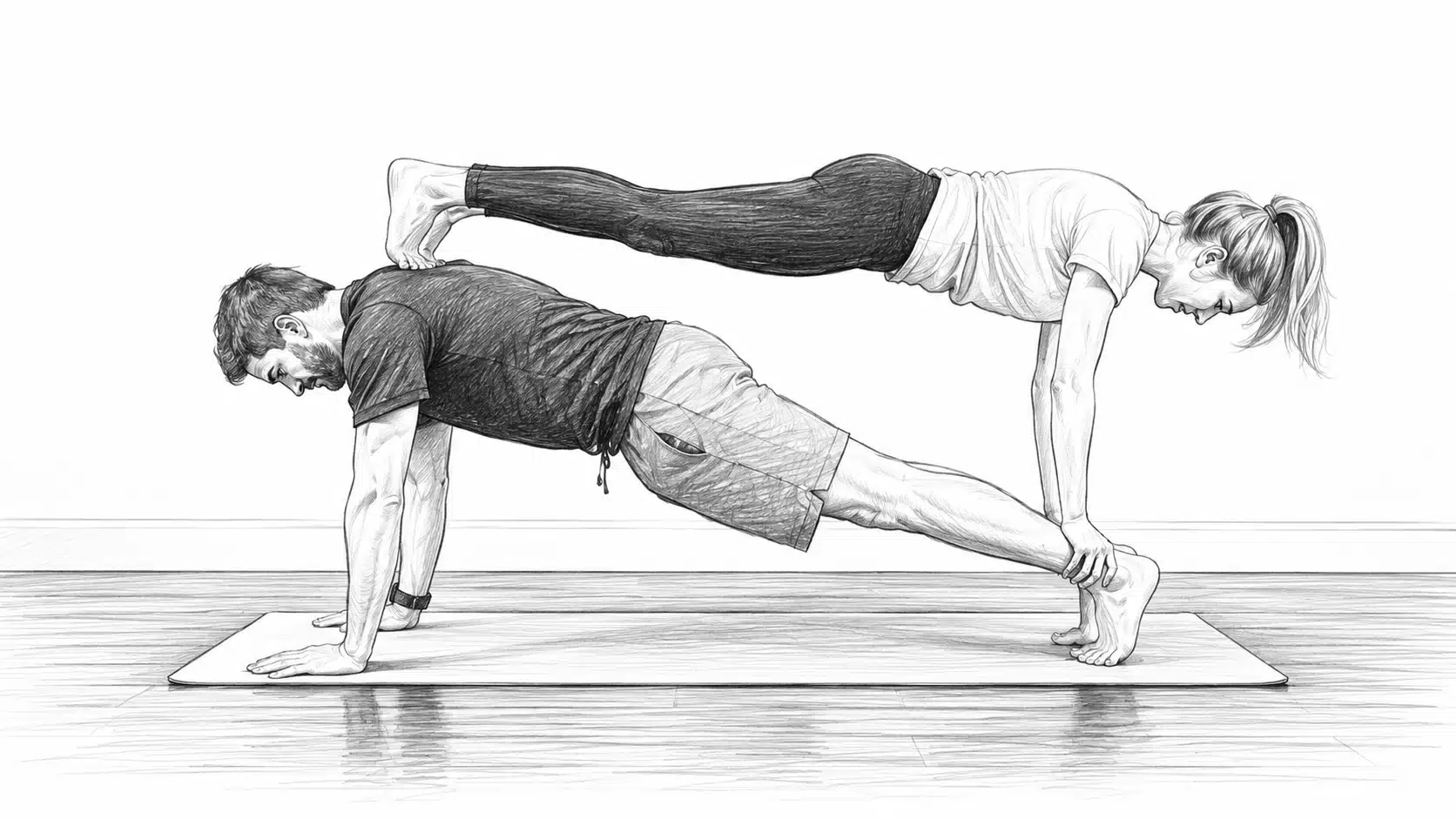 Pencil sketch of a man and woman performing a partner plank exercise, with one person's foot resting on the other's back while both hold a plank position on a yoga mat.