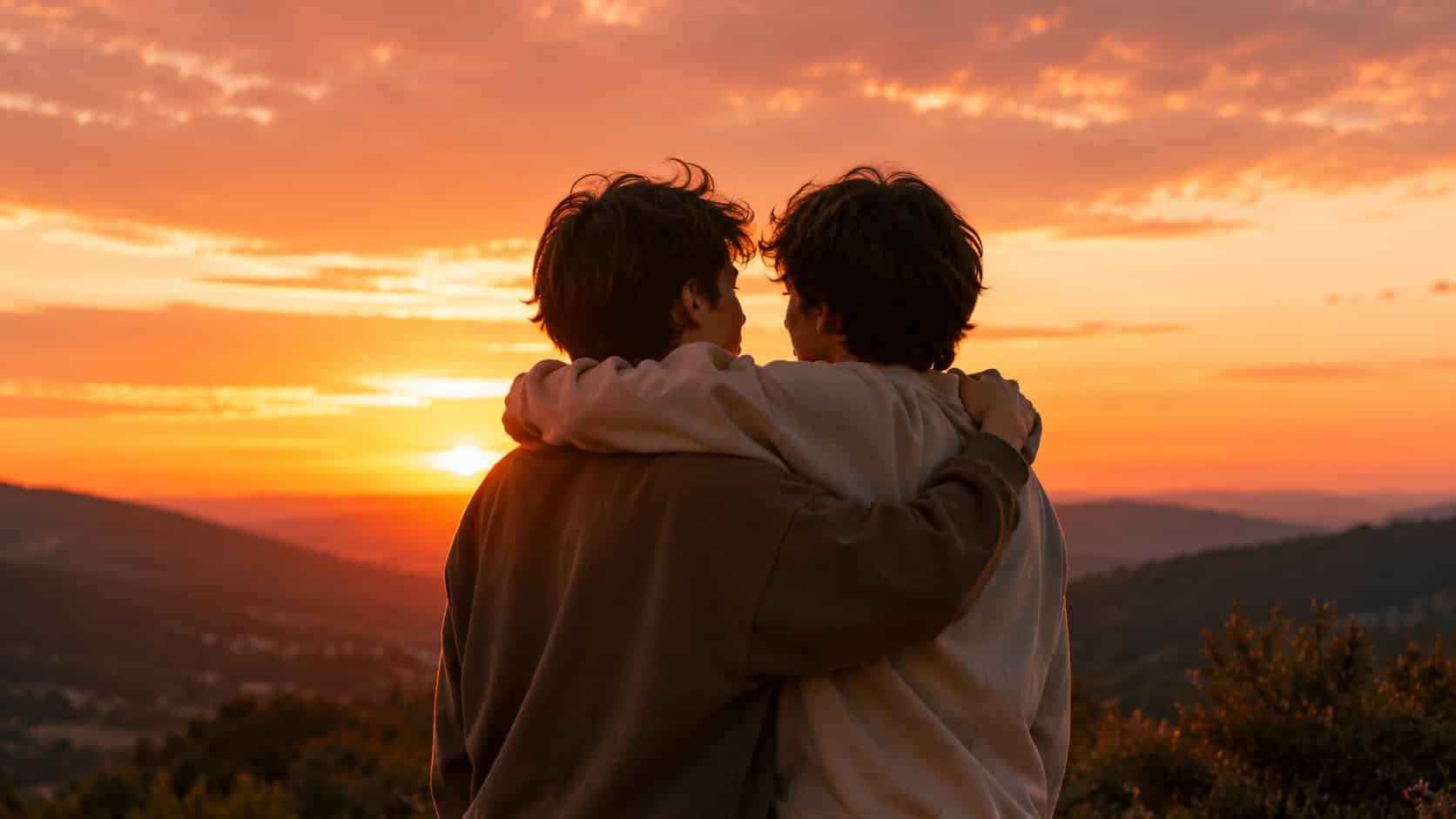 two people hugging at sunset with softly visible profiles symbolizing relationship anarchy closely together