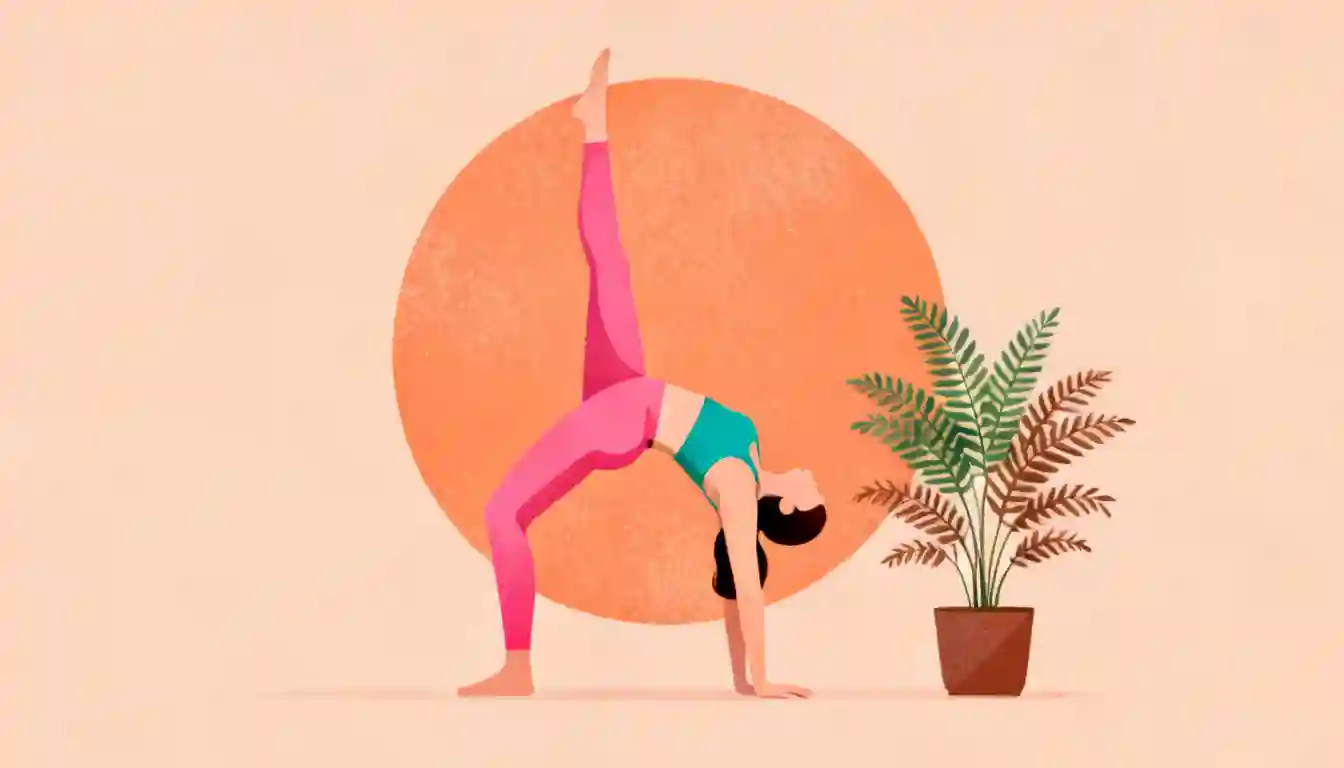Illustration of a woman in a bridge pose with one leg extended, next to a potted fern, with a large orange circle in the background.