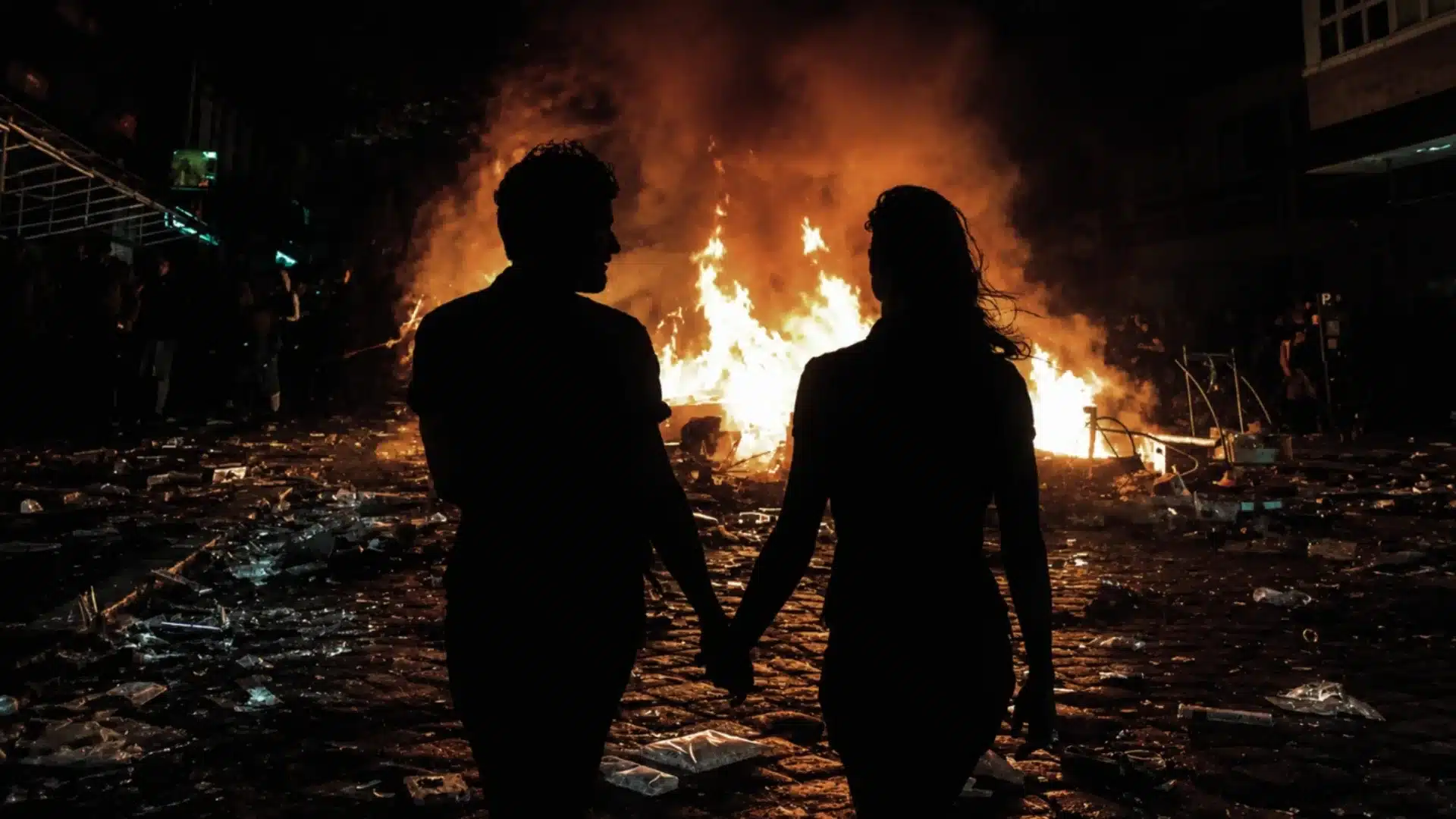A couple holding hands, standing together in front of a building engulfed in flames.