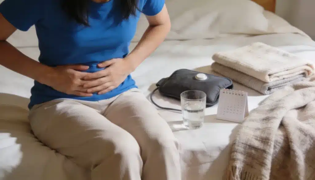 Person holding their stomach with a hot water bottle glass of water and folded blankets on a bed