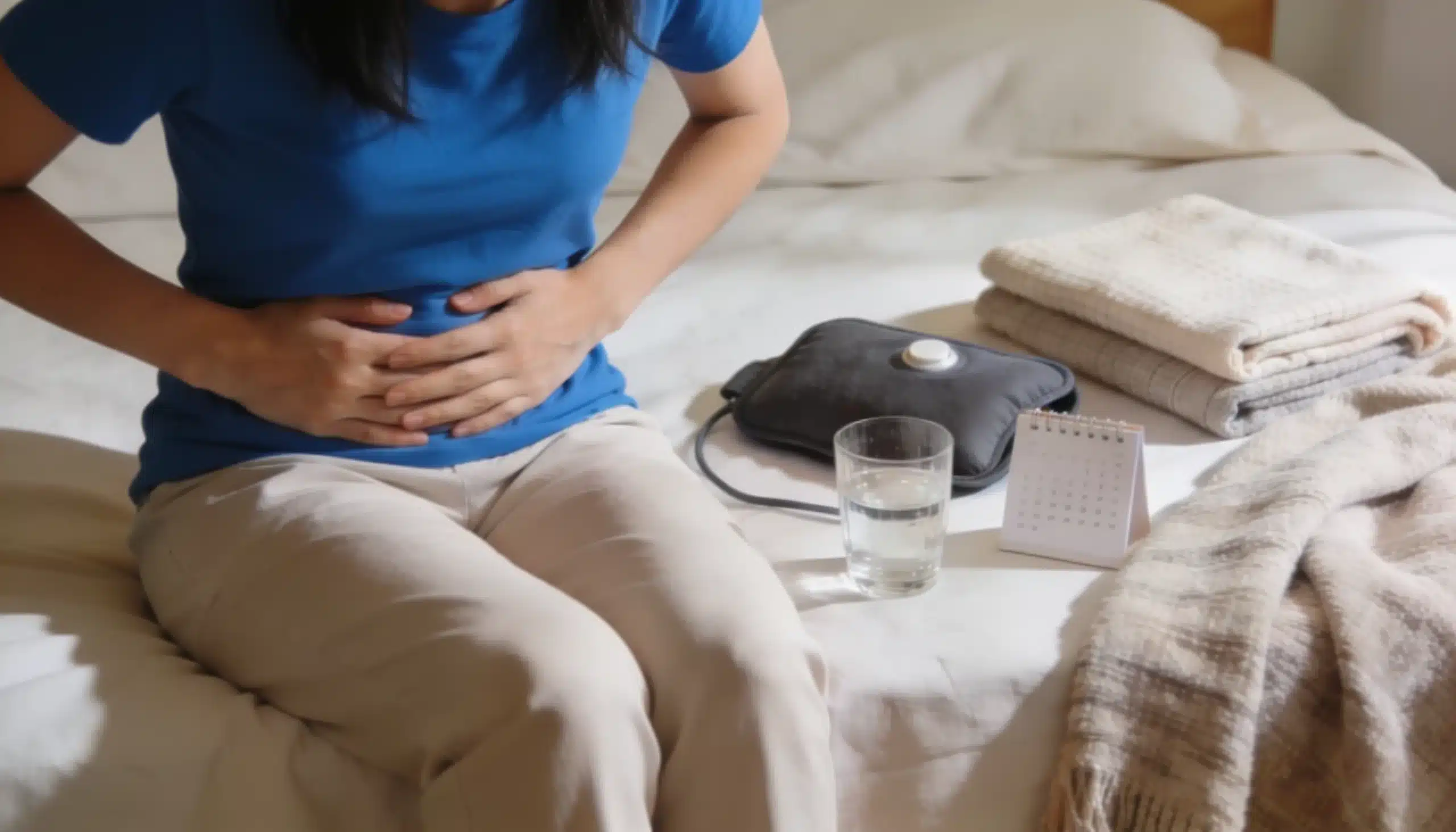 Person holding their stomach with a hot water bottle glass of water and folded blankets on a bed