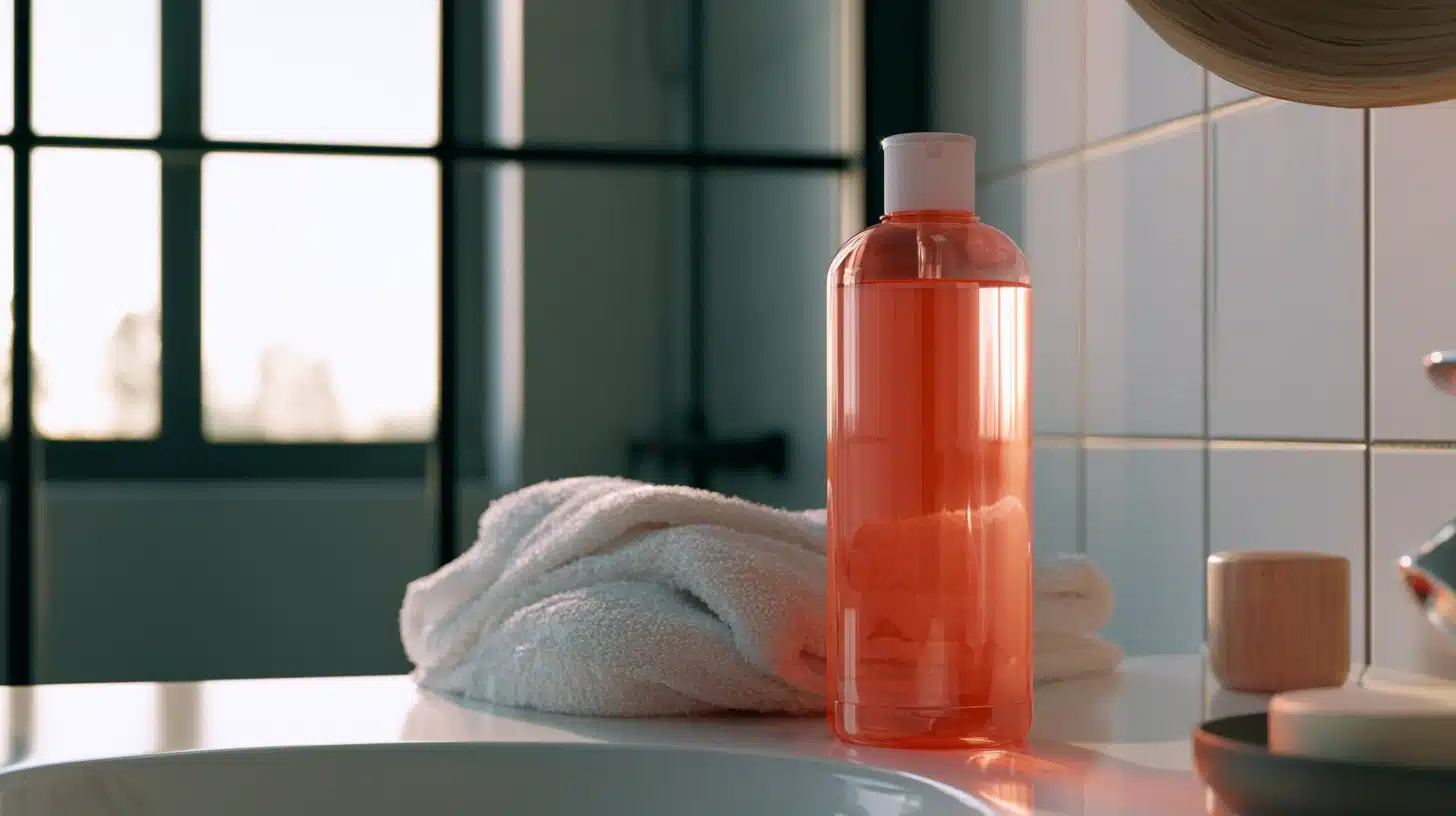Clear bottle of personal lubricant on a bathroom counter beside a folded towel