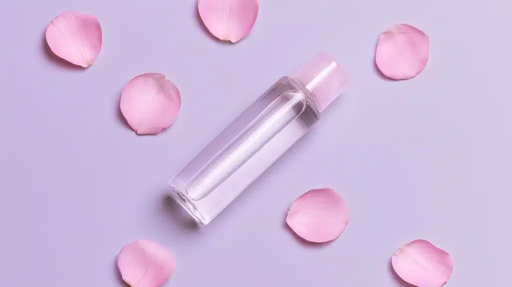 A clear bottle of personal lubricant with a pink cap is surrounded by pink rose petals on a light purple background