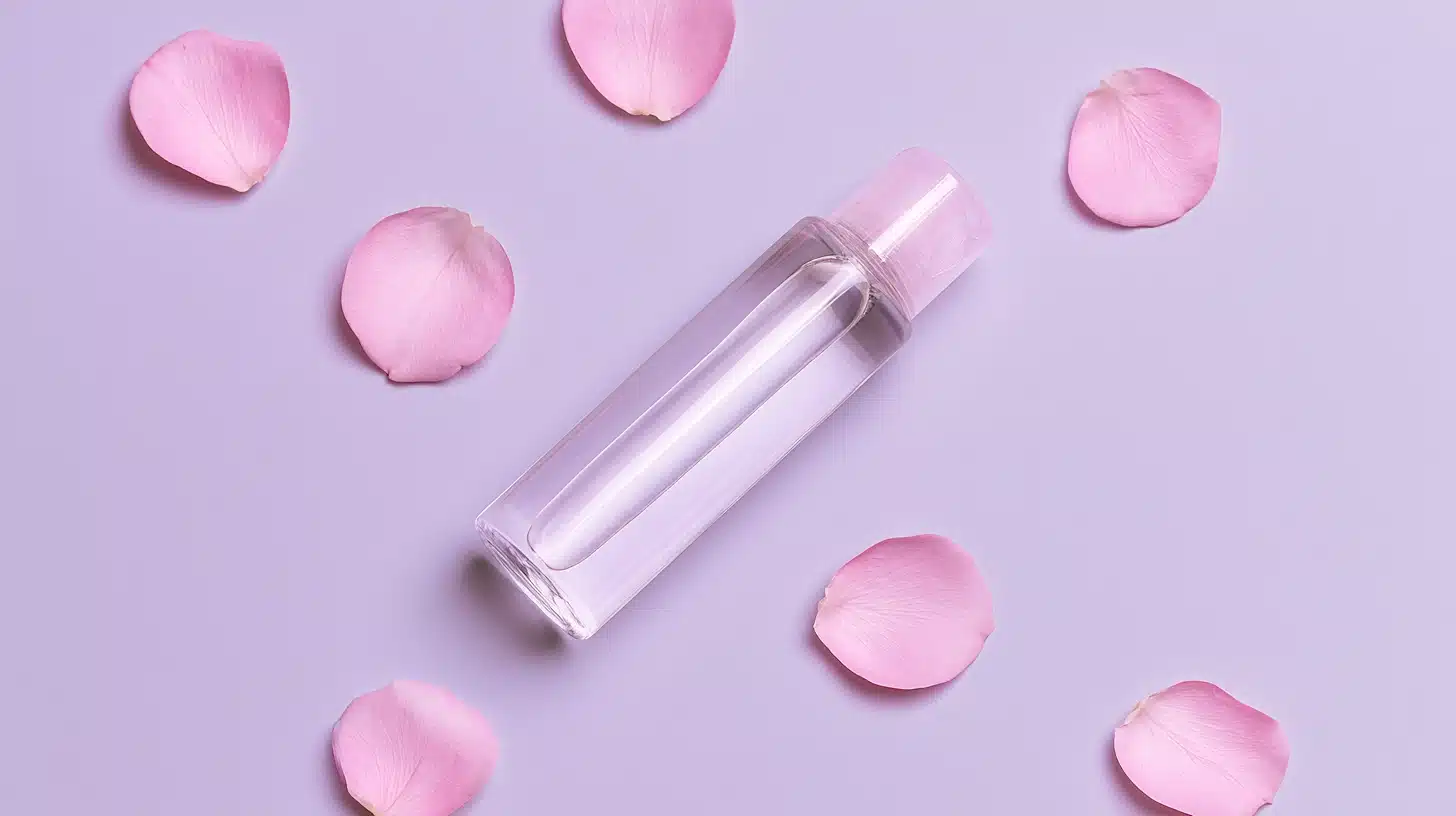 A clear bottle of personal lubricant with a pink cap is surrounded by pink rose petals on a light purple background